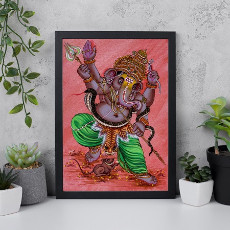 Veer Ganesha with Trishul Divine Painting – Traditional Framed Spiritual Wall Art (alt view)